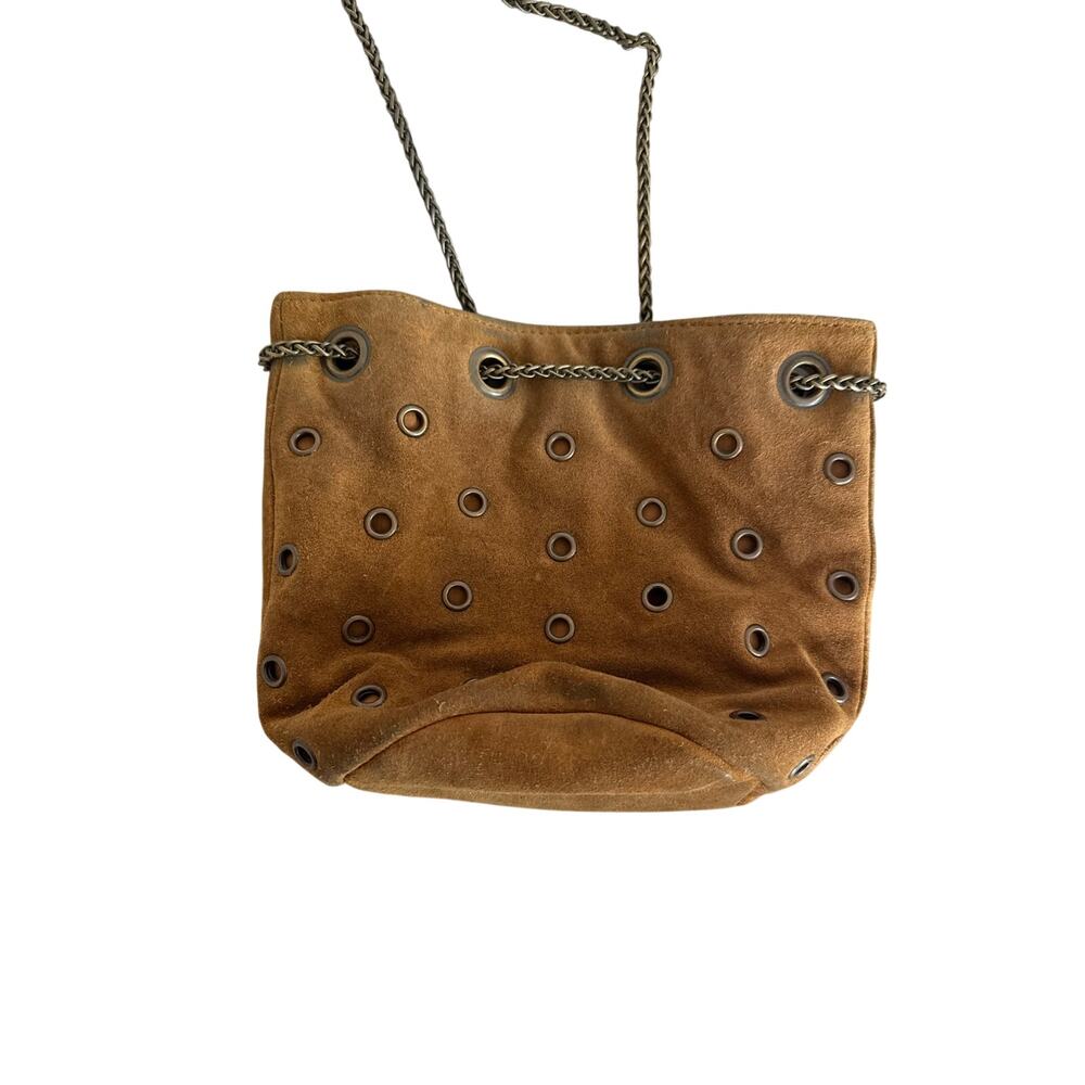 Vintage Karl Marc John Camel Suede Grommet Chain Shoulder French Boho Purse - Picture 8 of 11